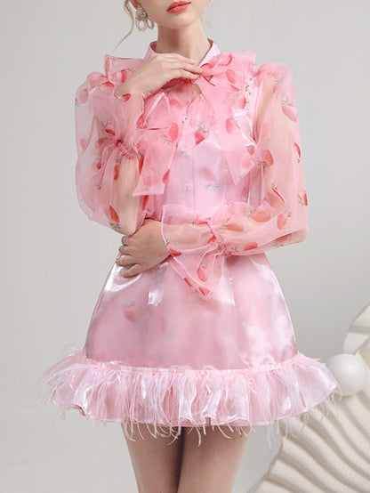 Strawberry Sheer-Sleeve Mesh Satin Tassel Cute Nichi One-Piece