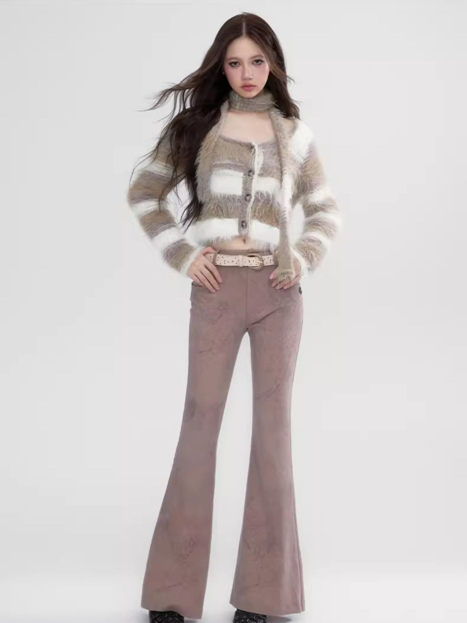 Border Retro Fluffily Slim-Tie Mohair-Knit