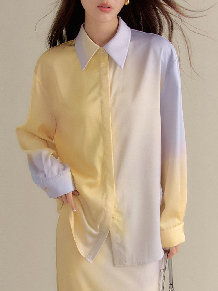 Set-Up Gradation Pale-Tone Retro Satin Cnihi Shirt＆Long-Skirt