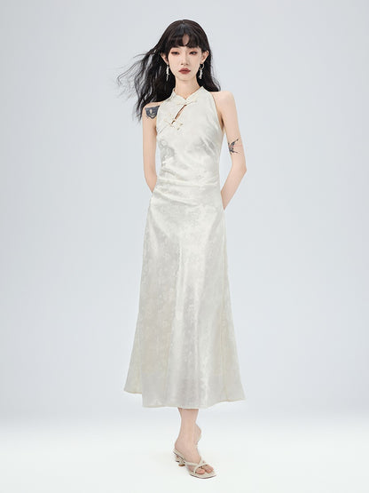 China Embroidery Flower No-Sleeve Flare Long Dress