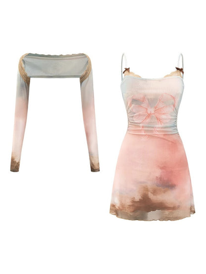 Dress＆Bolero Tie-Dye Pale-Tone Slim Mesh Set-Up