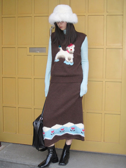 Vest＆Long-Skirt Dog Tulip Flower Retro Mohair-Knit Girly Set-Up