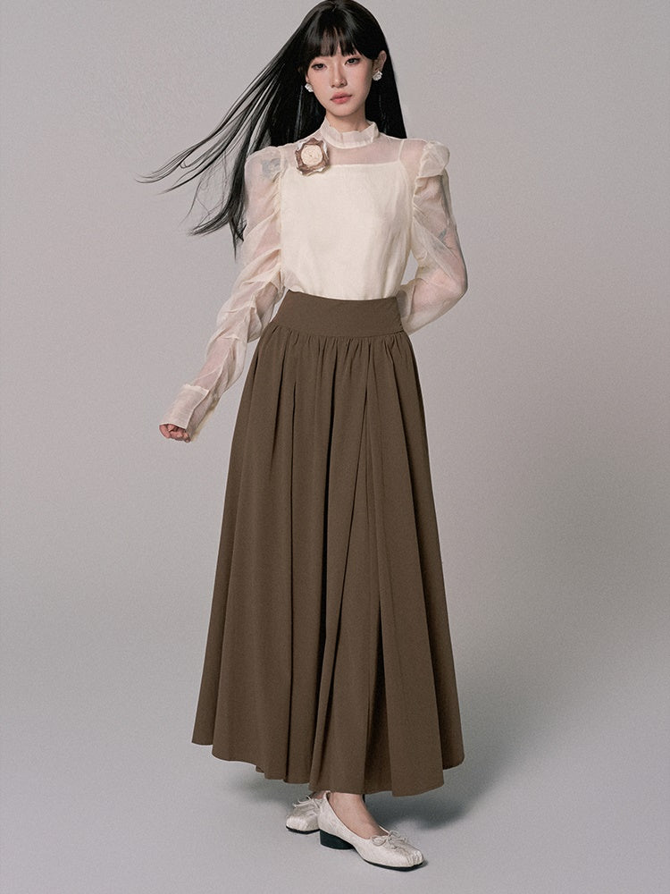 High-Waist Plain Flare Simple Long-Skirt