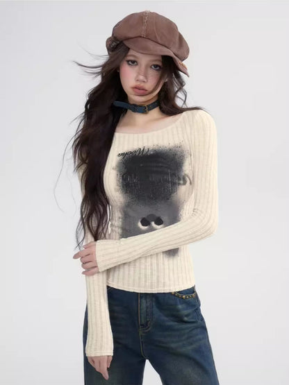 Boat-Neck Spray Slim Casual Retro Rib-Knit