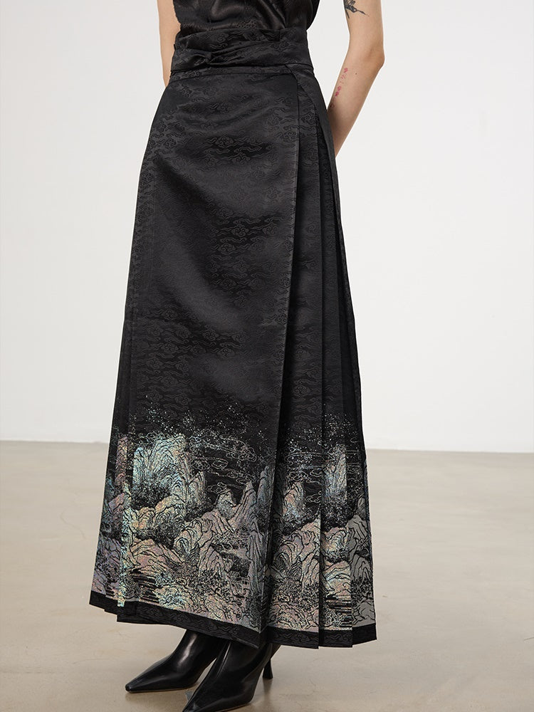 China American-Sleeve Embroidery Chic High-End Blouse＆Long-Skirt