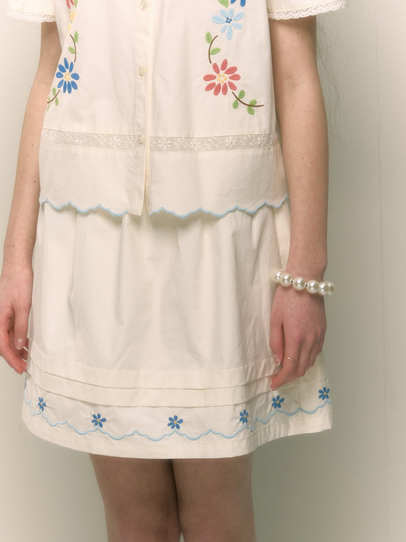 Embroidery Flower Retro Frill Girly Blouse＆Minis-Kirt