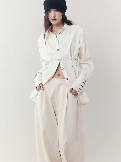 Curve Wrinkled Long-Cuffs Oversize Long-Shirt