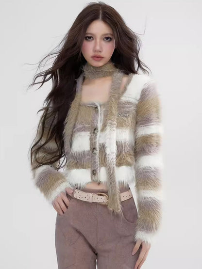 Border Retro Fluffily Slim-Tie Mohair-Knit