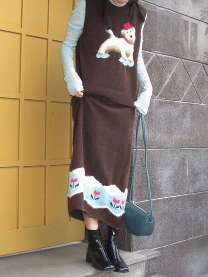 Vest＆Long-Skirt Dog Tulip Flower Retro Mohair-Knit Girly Set-Up