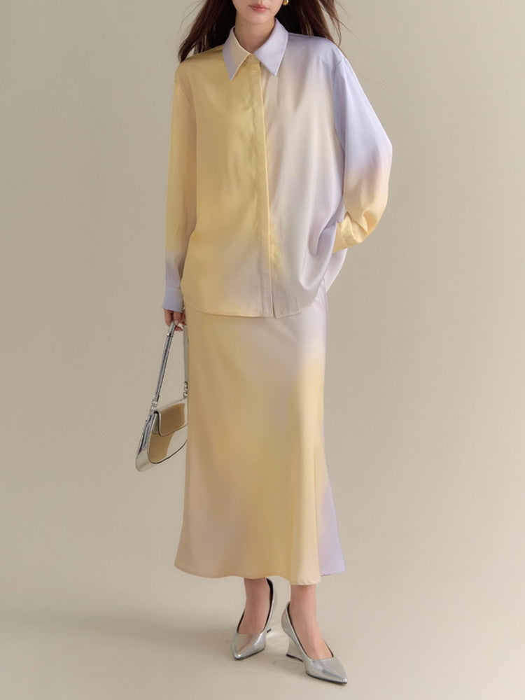 Set-Up Gradation Pale-Tone Retro Satin Cnihi Shirt＆Long-Skirt