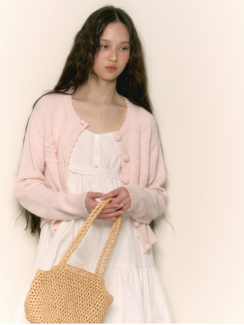 Crew-Neck Feminine Embroidery Pale Flower Cardigan