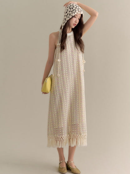 Crochet Knit Tassel American-Sleeve Sequins Long Dress