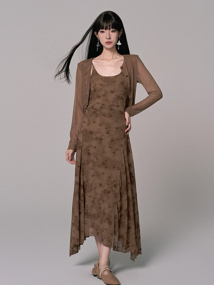 Cardigan＆Dress Asymmetry Flower Embroidery Long Retro Set-Up