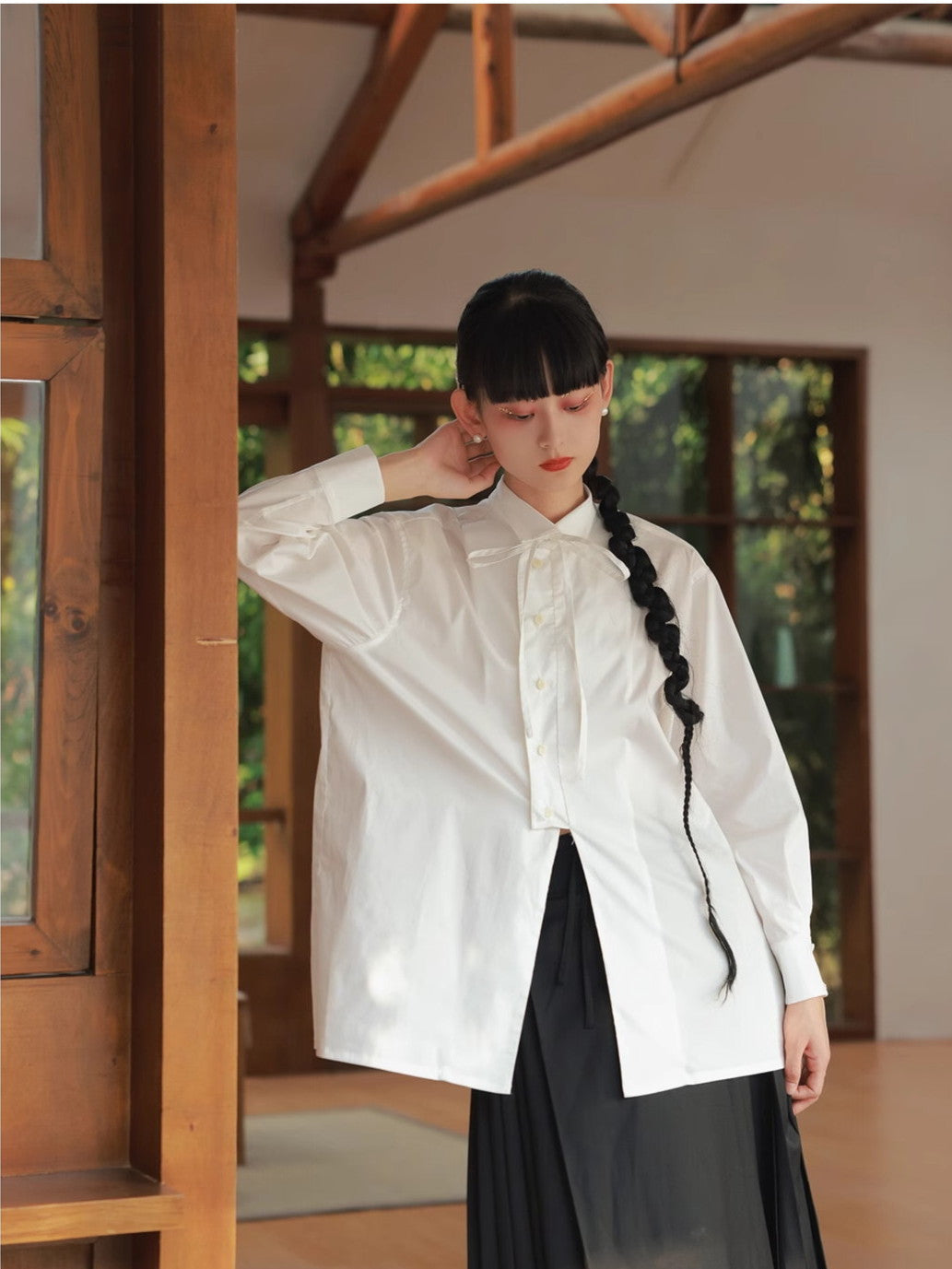 Nichi-Button Ribon Tie Oversize Flare Shirt