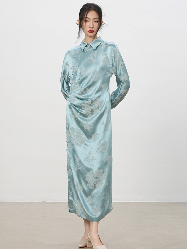 China Embroidery Flower Drape Satin Long One-Piece