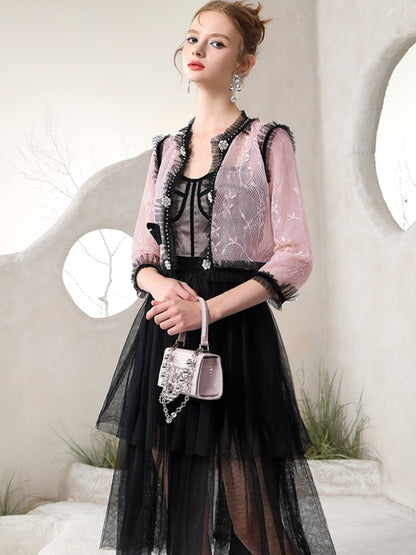 Femine Party Sheer Ciffon Tulle Chic Lace-Cardigan &amp; One-Piece