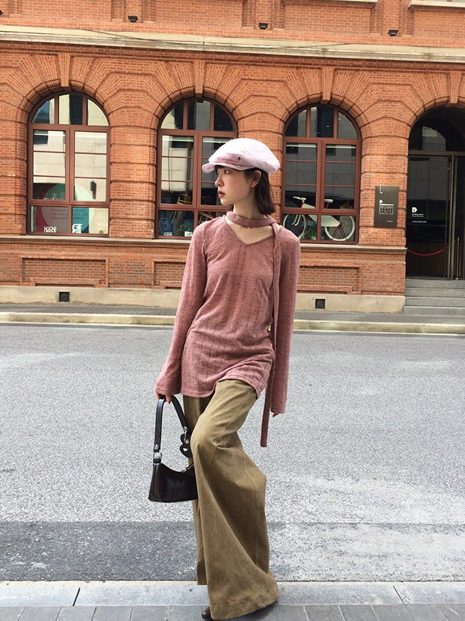 High-Waist Natural Loose Plain Wide-Pants