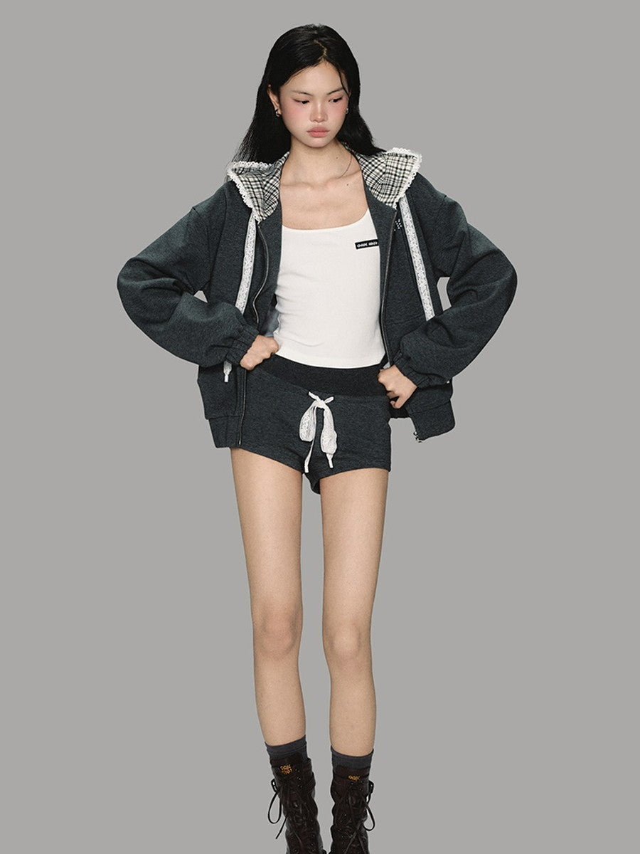 Set-Up Sewat Casual Lace Ribbon Parka＆Sort-Pants