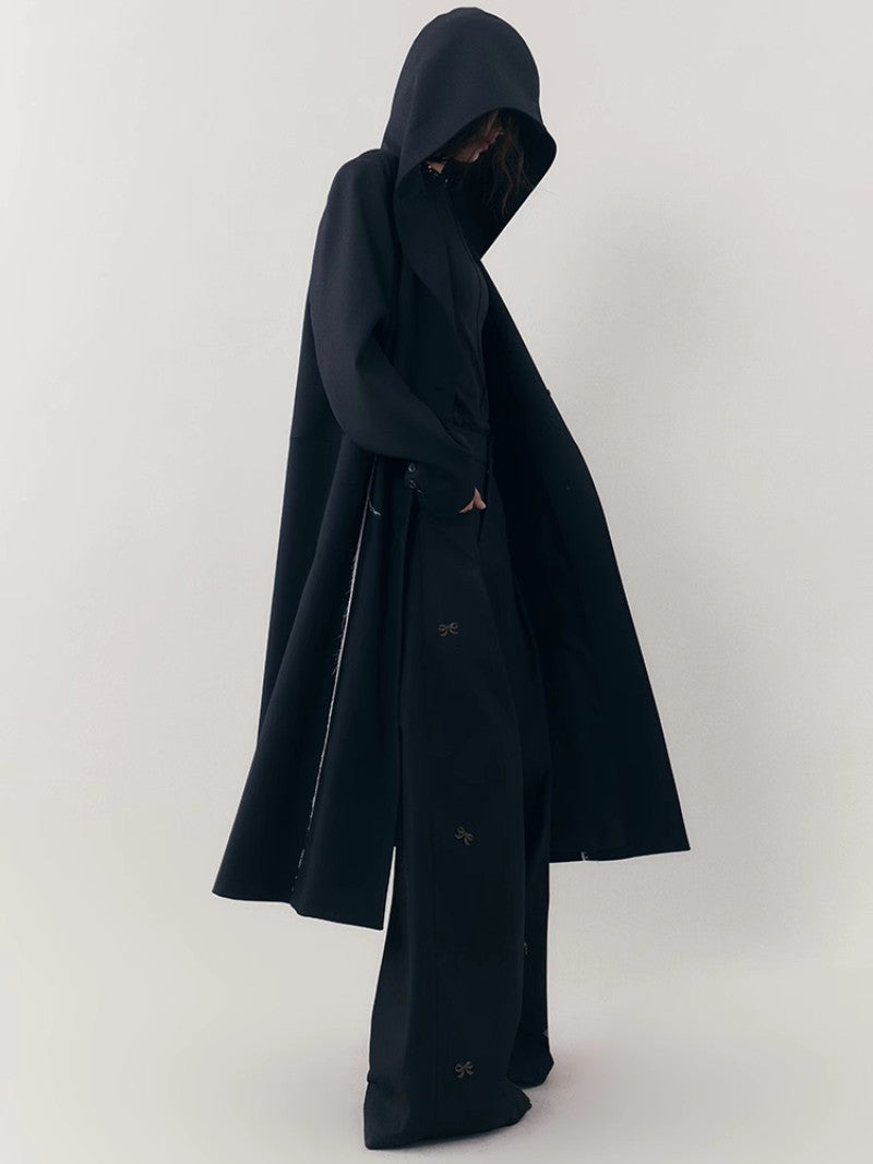 Hoodie Bi-Color Nichi Line Wool Long-Coat