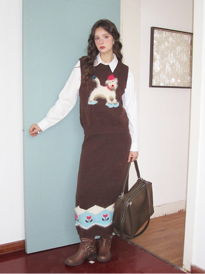 Vest＆Long-Skirt Dog Tulip Flower Retro Mohair-Knit Girly Set-Up