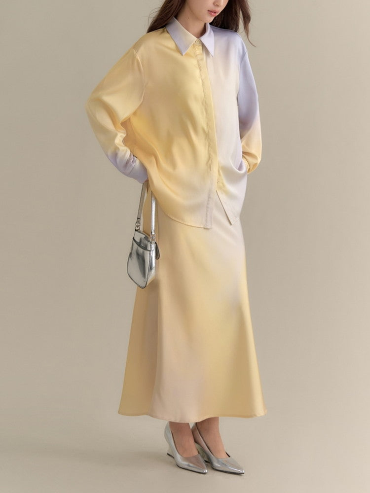 Set-Up Gradation Pale-Tone Retro Satin Cnihi Shirt＆Long-Skirt