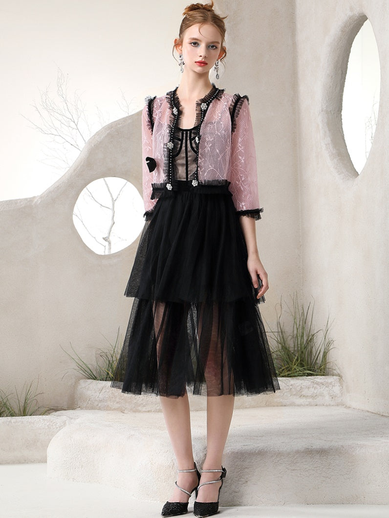 Feminine Party Sheer Ciffon Tulle Chic Lace-Cardigan＆One-Piece