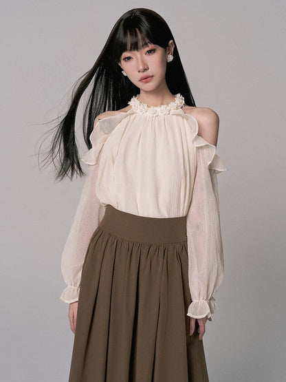 Flower Petal Open-Shoulder Sheer Ciffon Blouse