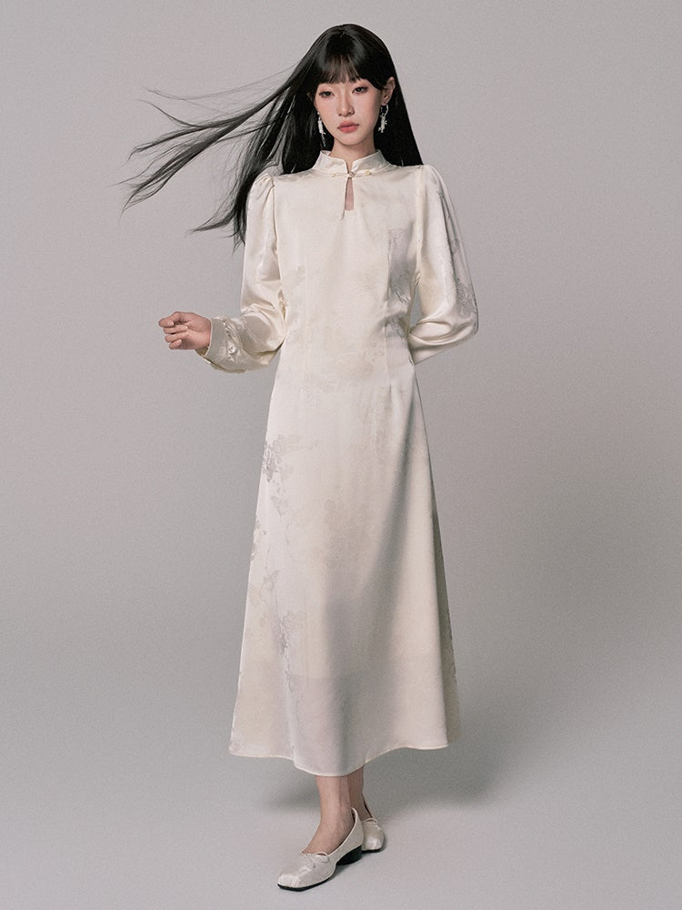 Embroidery Elegant Long China Mao-Collar Dress