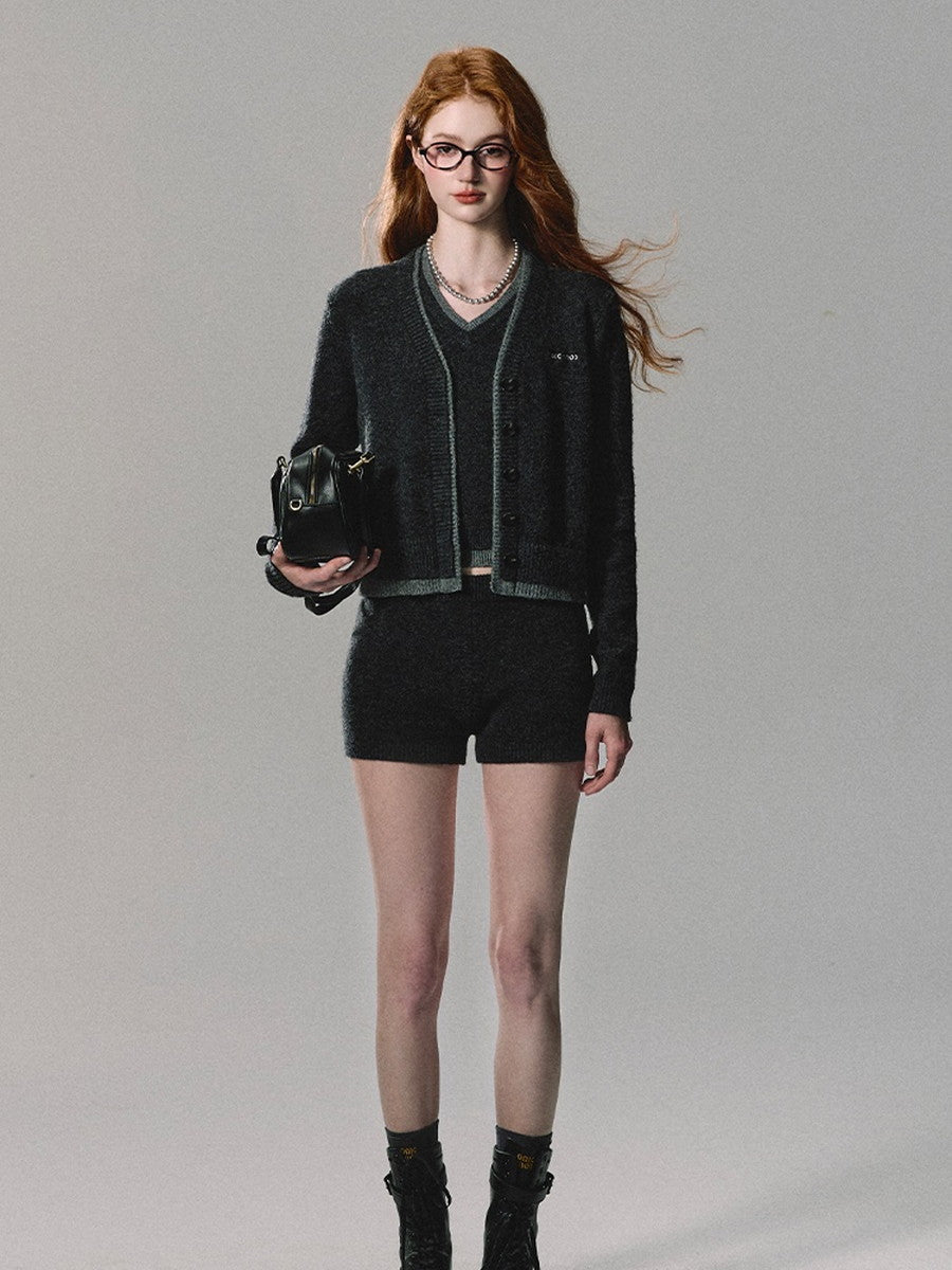 Set-Up Knit Dark Chic Simple Jacket＆Vest＆Short-Pants