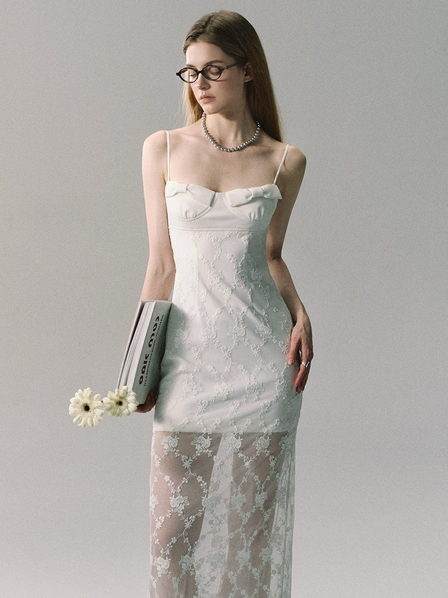 Embroidery Flower Sheer Mesh Camisole Ribbon Long Dress