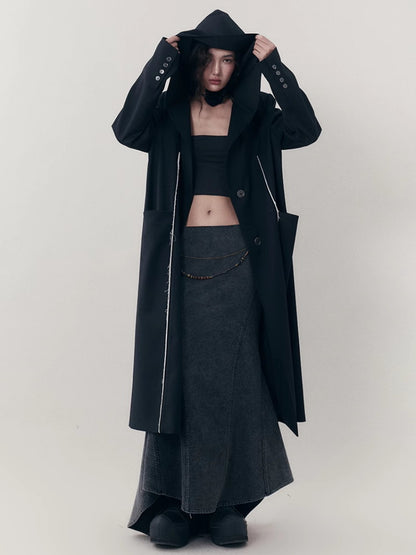 Hoodie Bi-Color Nichi Line Wool Long-Coat