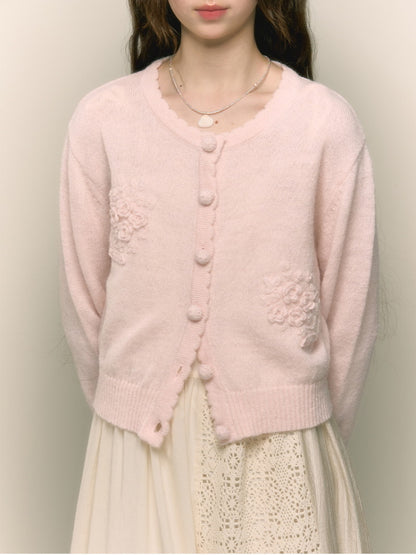 Crew-Neck Feminine Embroidery Pale Flower Cardigan