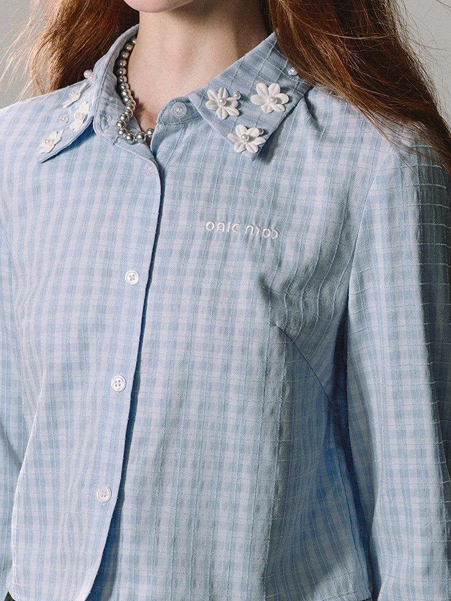 Checked Flower-Motif Girly Casual Shirt