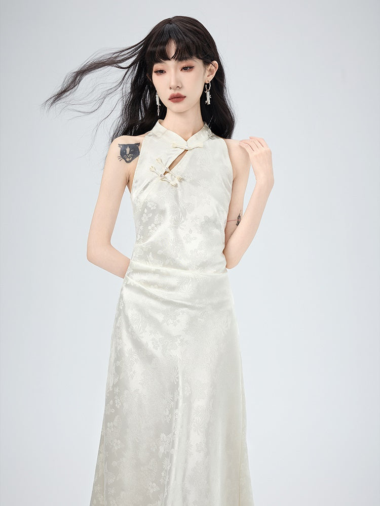 China Embroidery Flower No-Sleeve Flare Long Dress