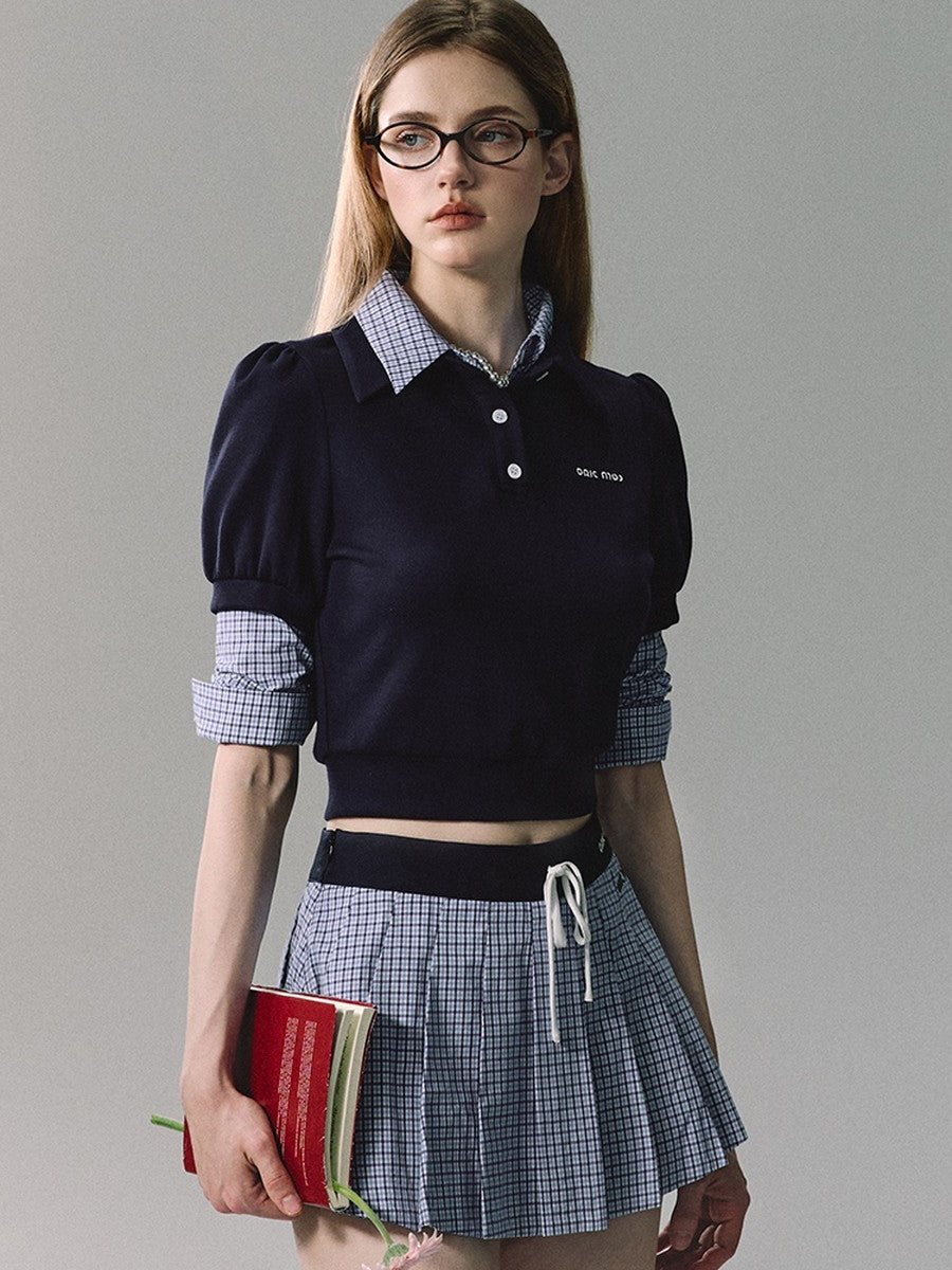 Set-Up Casual College Checked Blouse＆Mini-Skirt