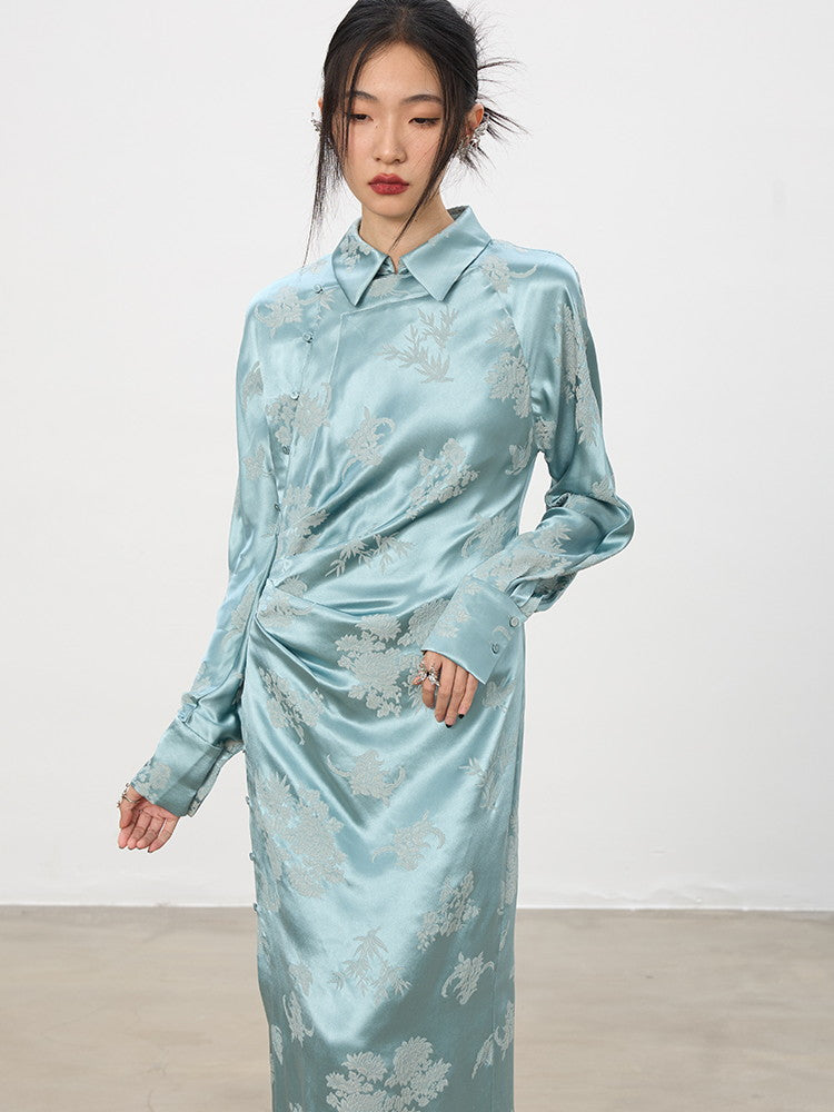 China Embroidery Flower Drape Satin Long One-Piece