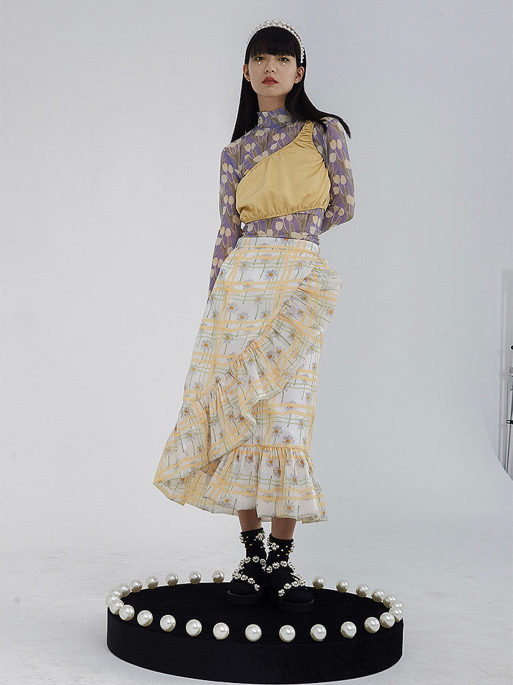 Wrap Flower Frill Girly Flare Retro Checked Long-Skirt