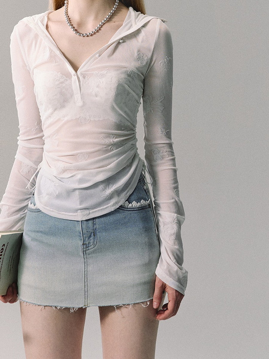 Denim Gradation Cut-Off Lace Mini-Skirt