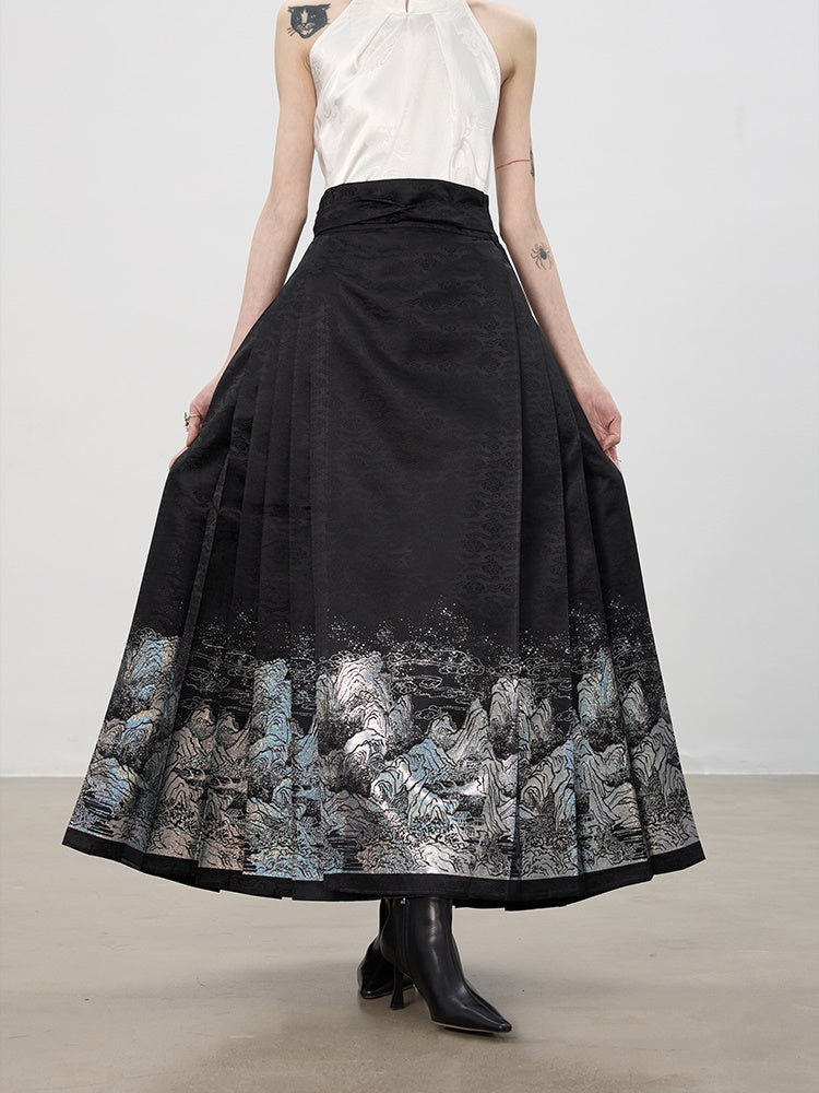 China American-Sleeve Embroidery Chic High-End Blouse＆Long-Skirt