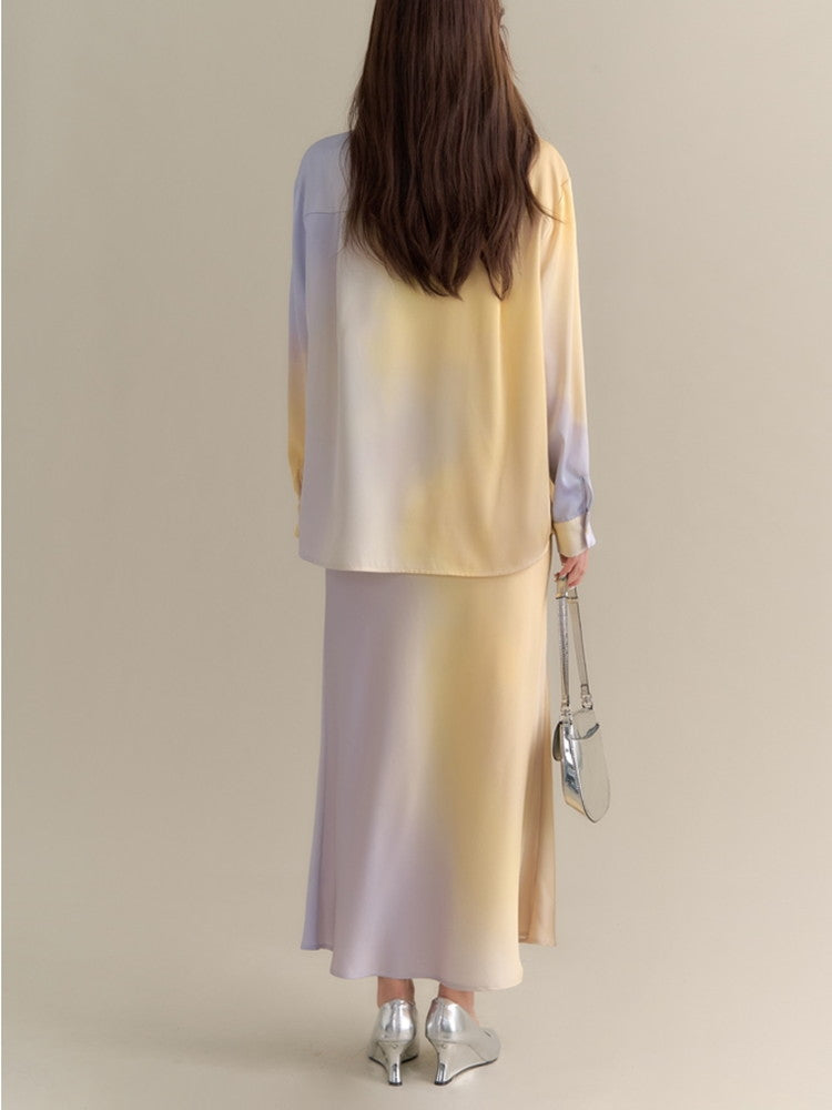 Set-Up Gradation Pale-Tone Retro Satin Cnihi Shirt＆Long-Skirt