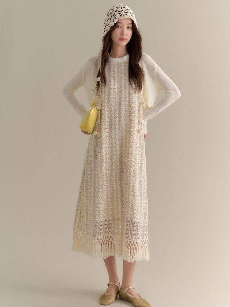 Crochet Knit Tassel American-Sleeve Sequins Long Dress