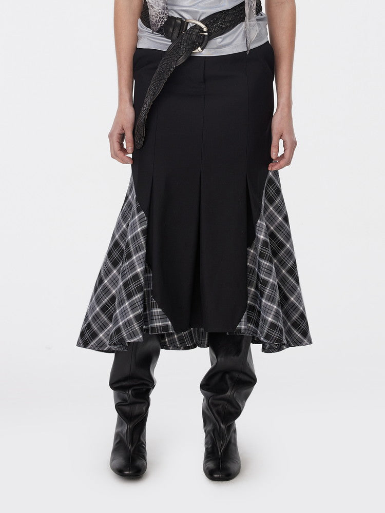 Checked Flare Girly Nichi Patchwork Long-Skirt