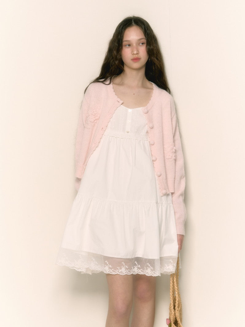 Crew-Neck Feminine Embroidery Pale Flower Cardigan