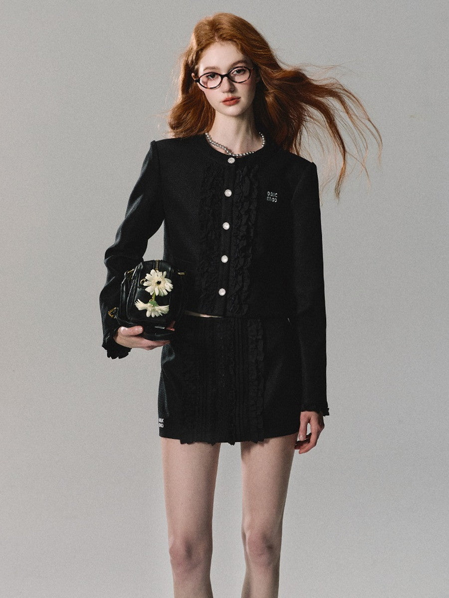 Set-Up Suit Lace Frill Feminine No-Collar-Jacket＆Mini-Skirt