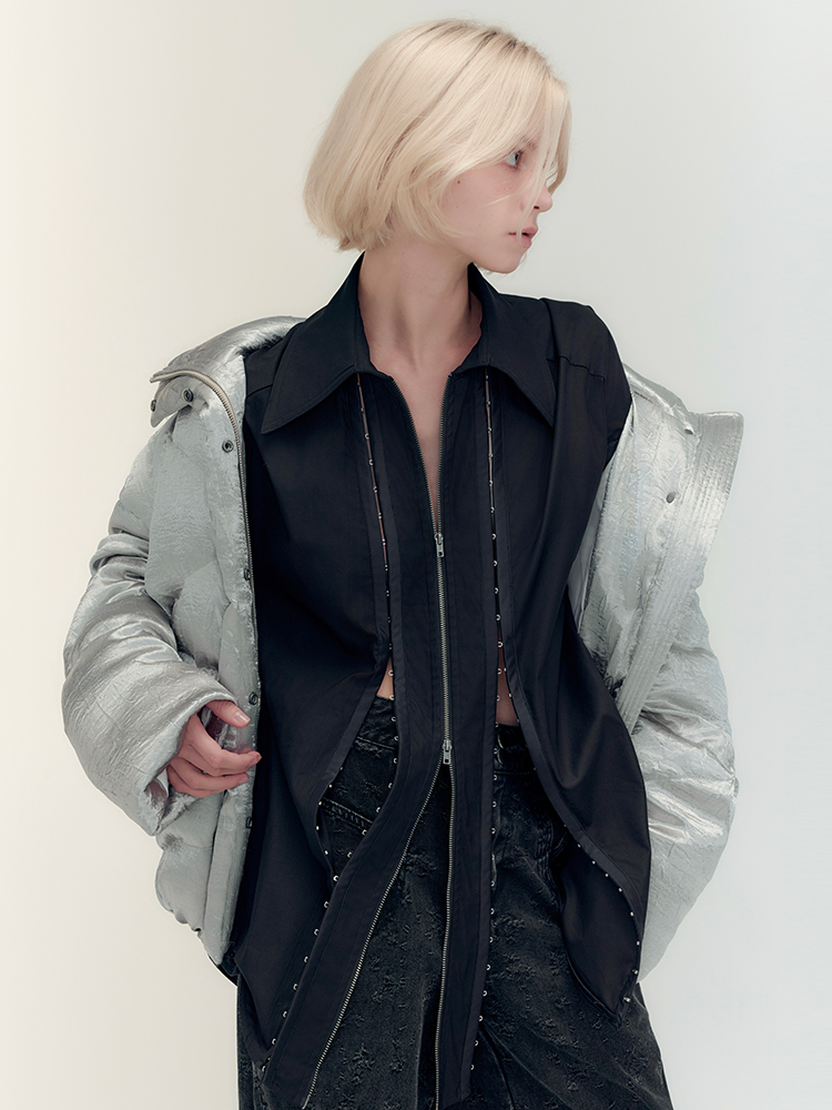 Metallic Nichi Bold Stand-Collar Down-Jacket