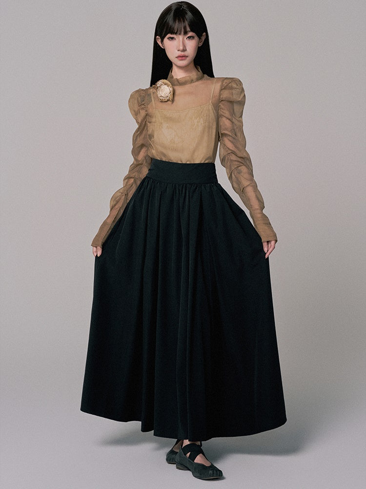 High-Waist Plain Flare Simple Long-Skirt