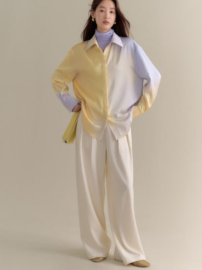 Set-Up Gradation Pale-Tone Retro Satin Cnihi Shirt＆Long-Skirt