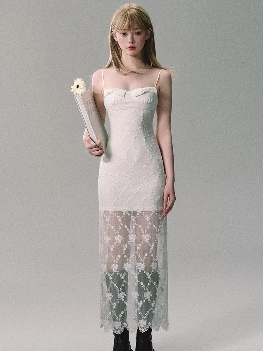 Embroidery Flower Sheer Mesh Camisole Ribbon Long Dress