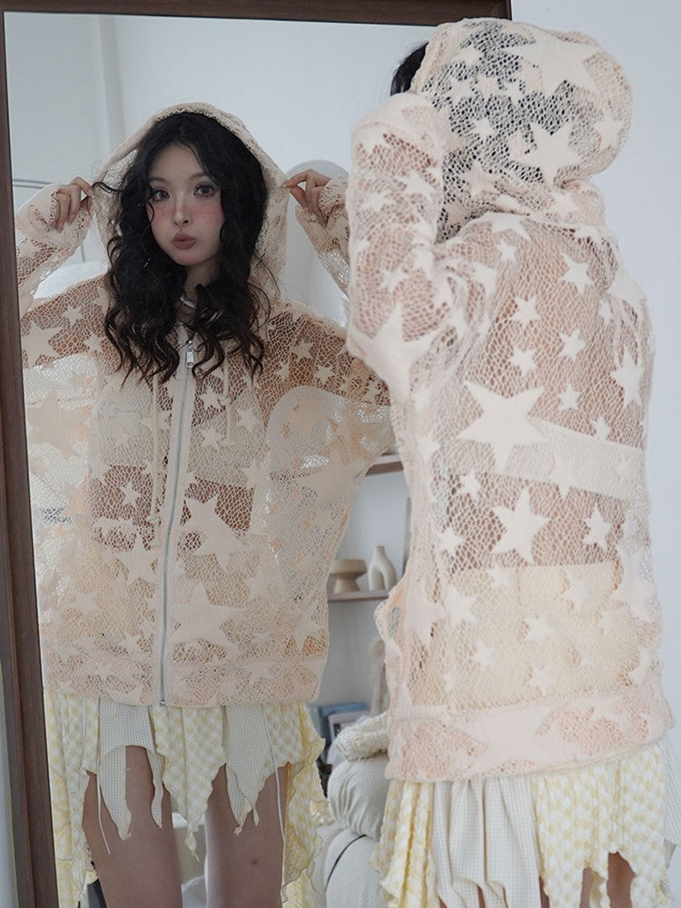 Mesh See-Through Star Casual Oversize Parka