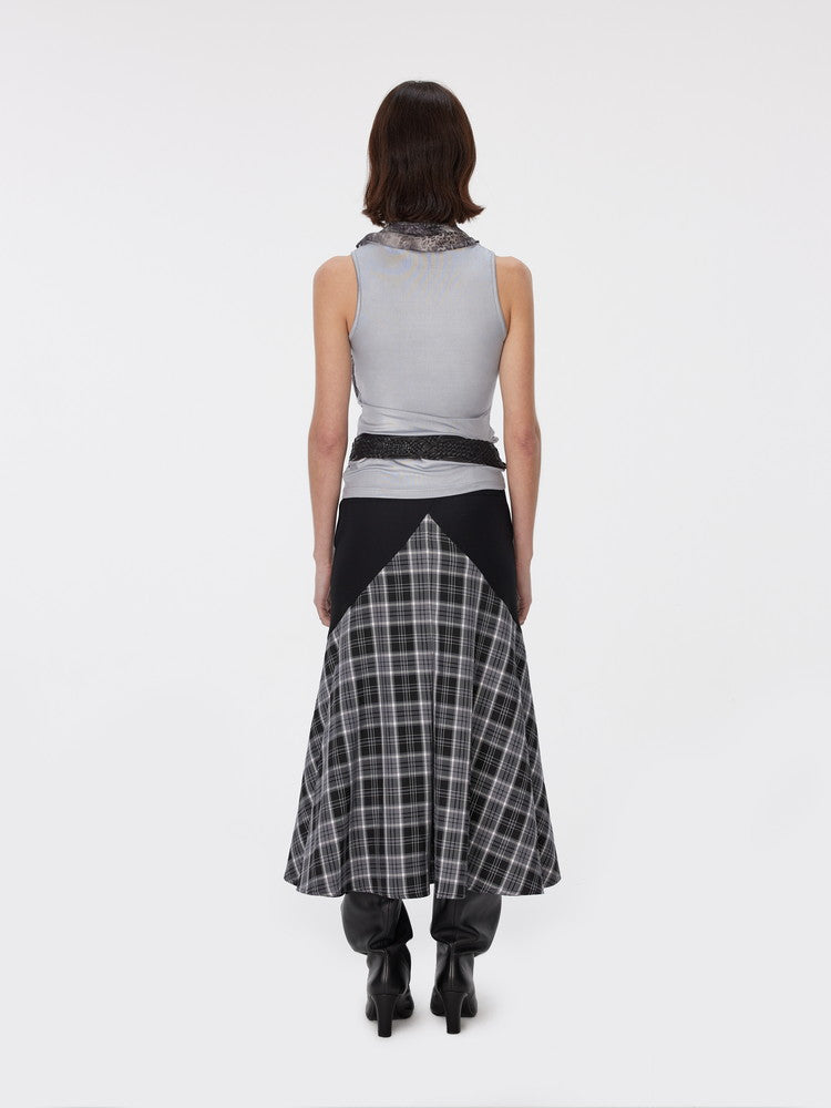 Checked Flare Girly Nichi Patchwork Long-Skirt